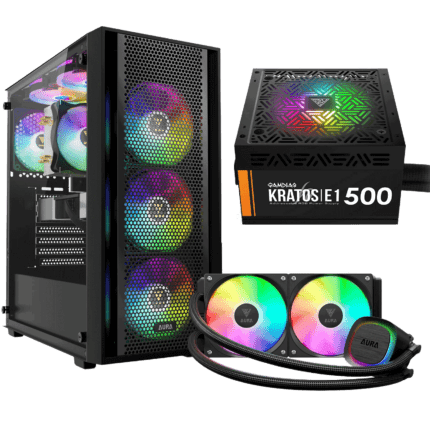 KIT GABINETE GAMER GAMDIAS GC2 ELITE 4 FANS ARGB COM FONTE 500W E WATER COOLER 240MM ARGB